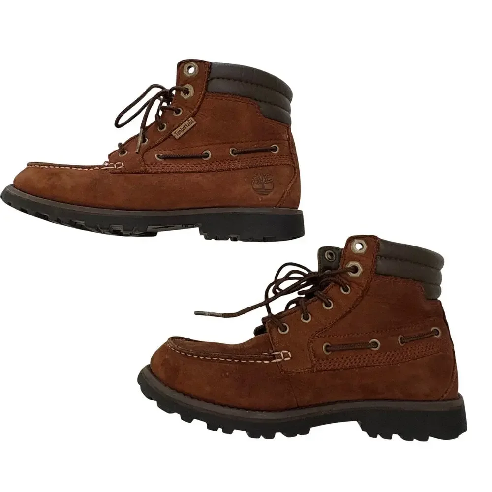 Timberland Boys Boots Size 2 Oakwell Moc-Toe Brown Nubuk Leather Lace-Up Preppy